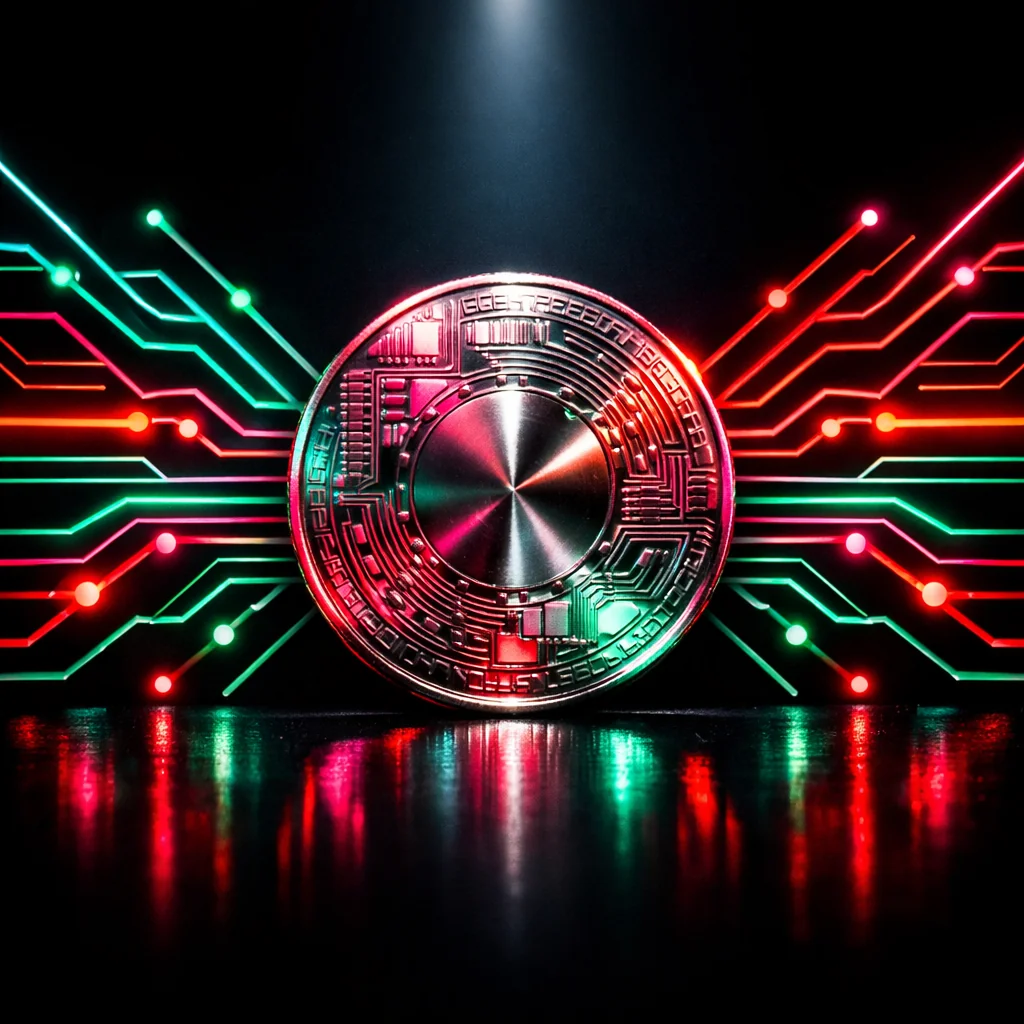 Geometrische crypto munten met neon jade accenten